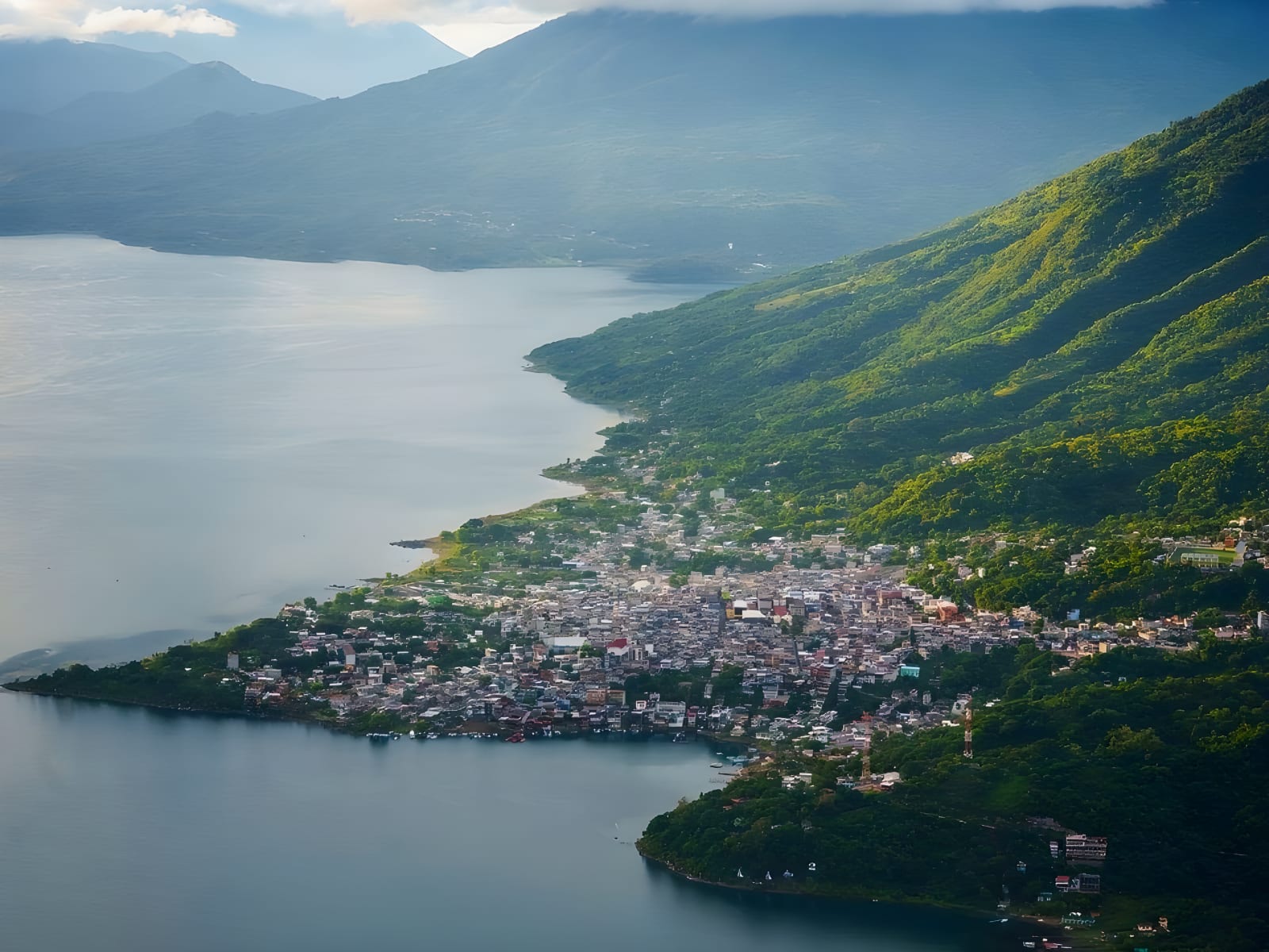 Aerial view of a lakeside town on Lake Atitlán