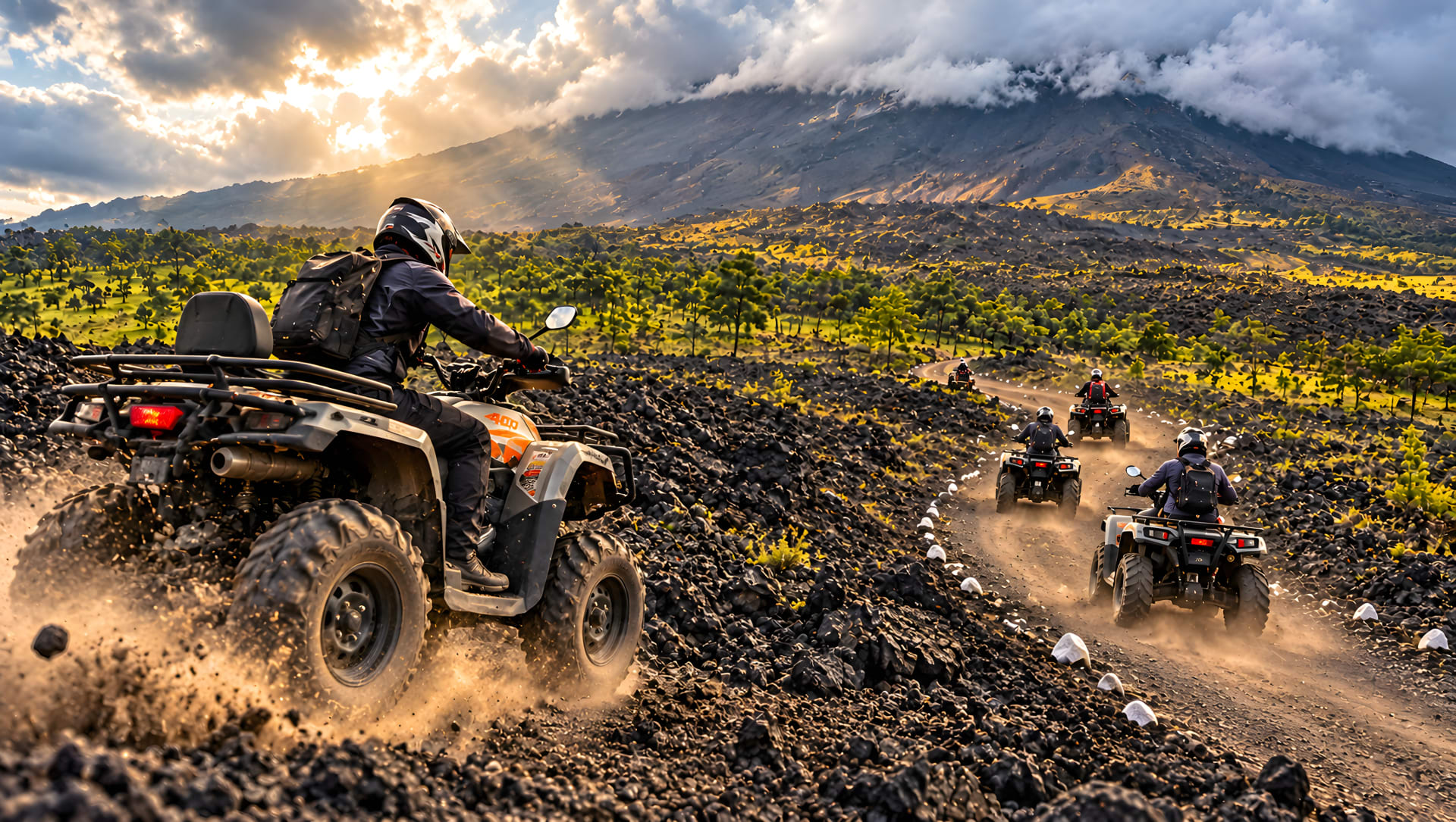 Group of ATVs riding the trail through the lava fields of Pacaya Volcano