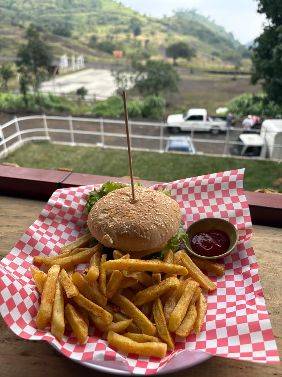Hamburguesa con papas fritas con vista a las montañas