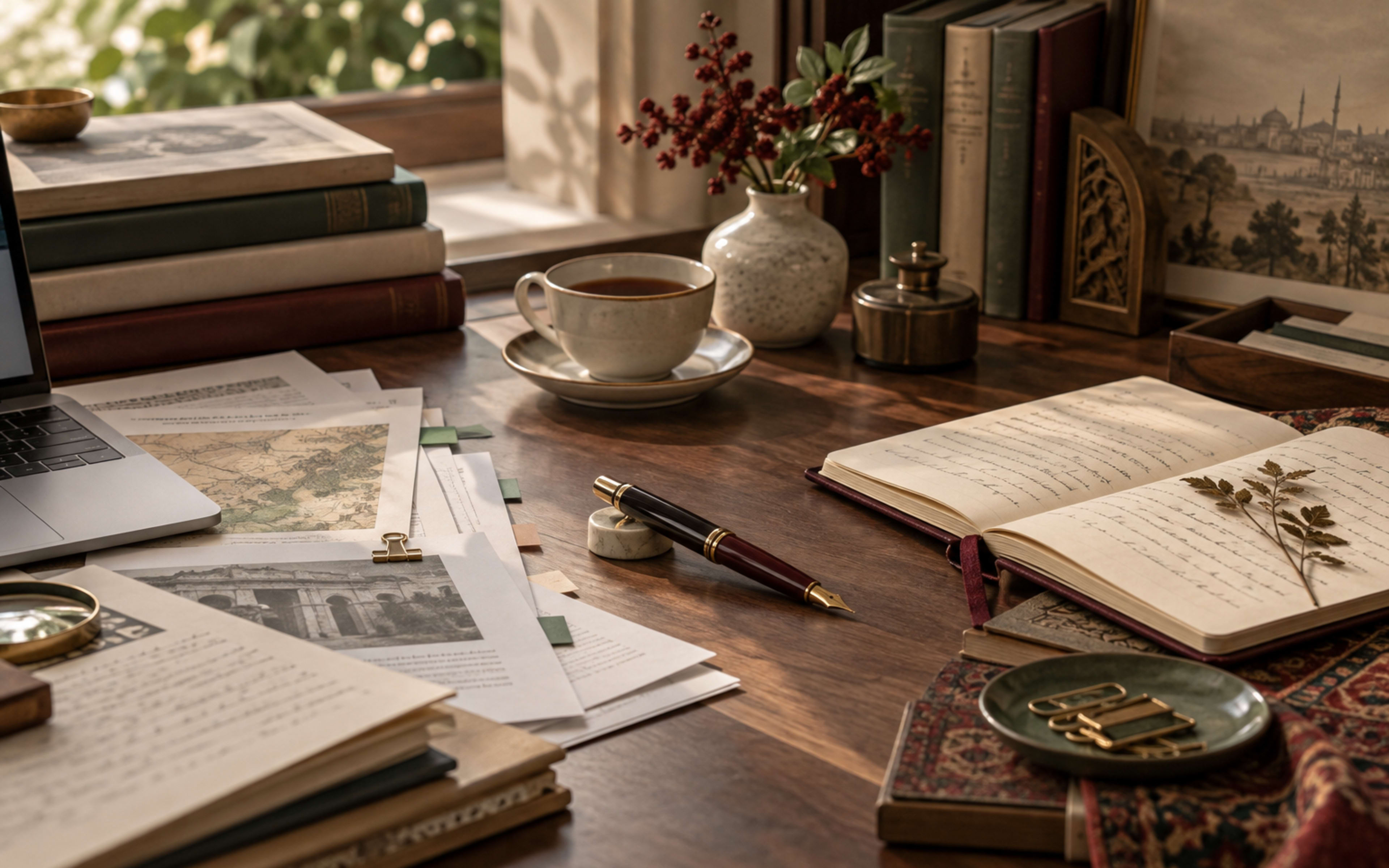 مكتب عليه أوراق وكتب ودفتر مفتوح وقلم حبر