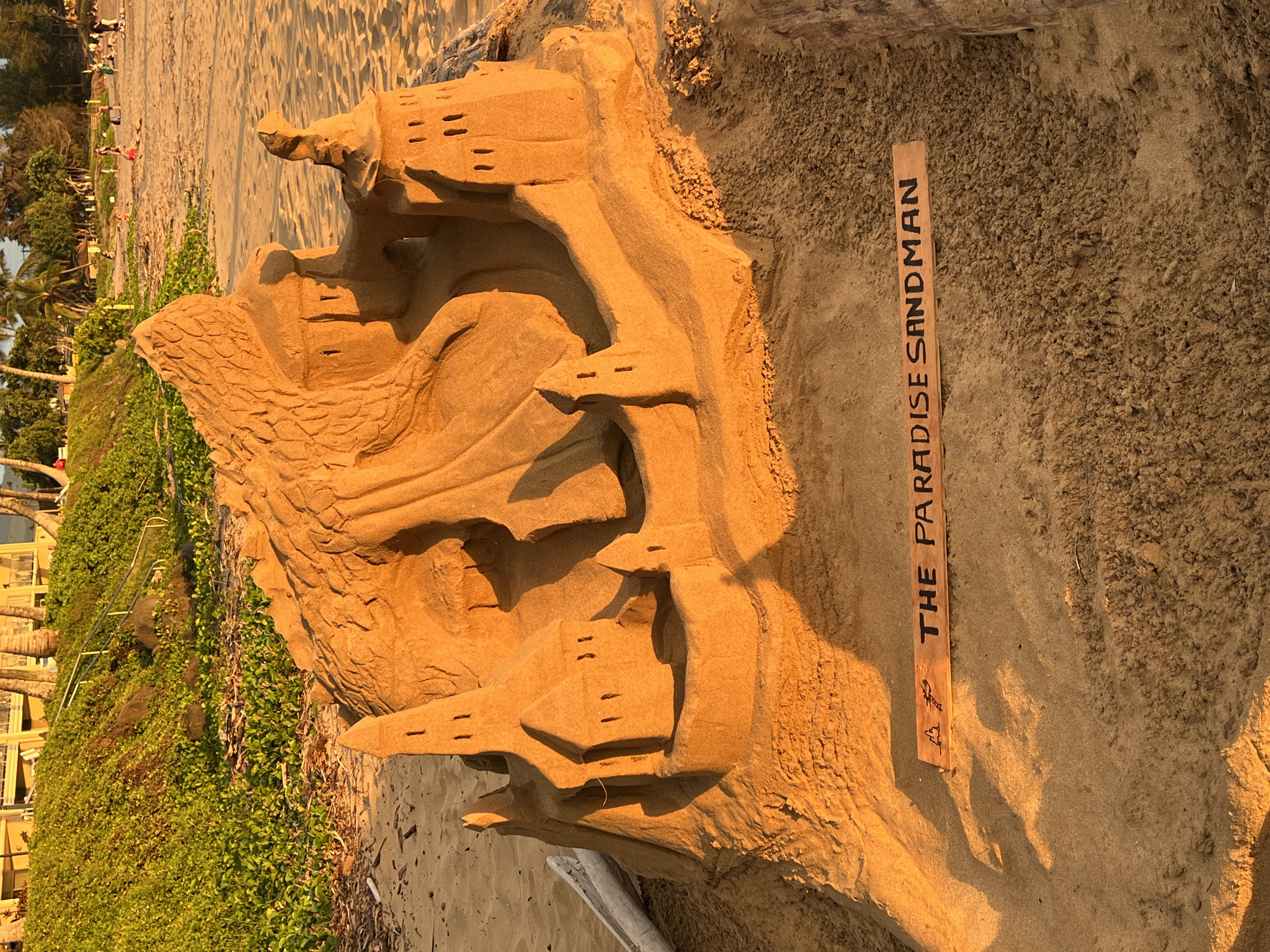 Paradise Sandman castle carving detail at sunset, June 29, 2026 evening