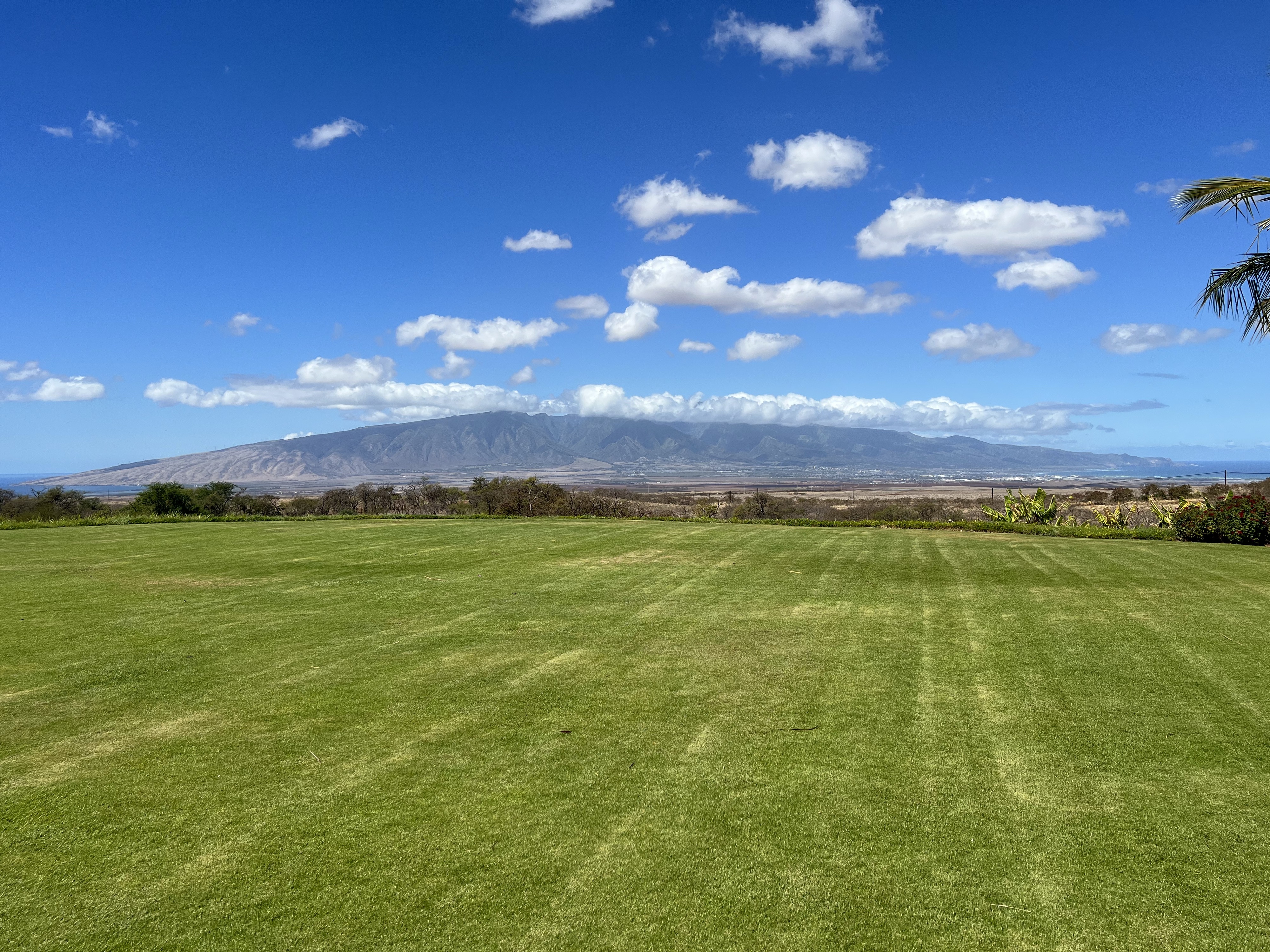 View across the isthmus to the West Maui Mountains from the Ocean Organic Farm & Distillery lawn