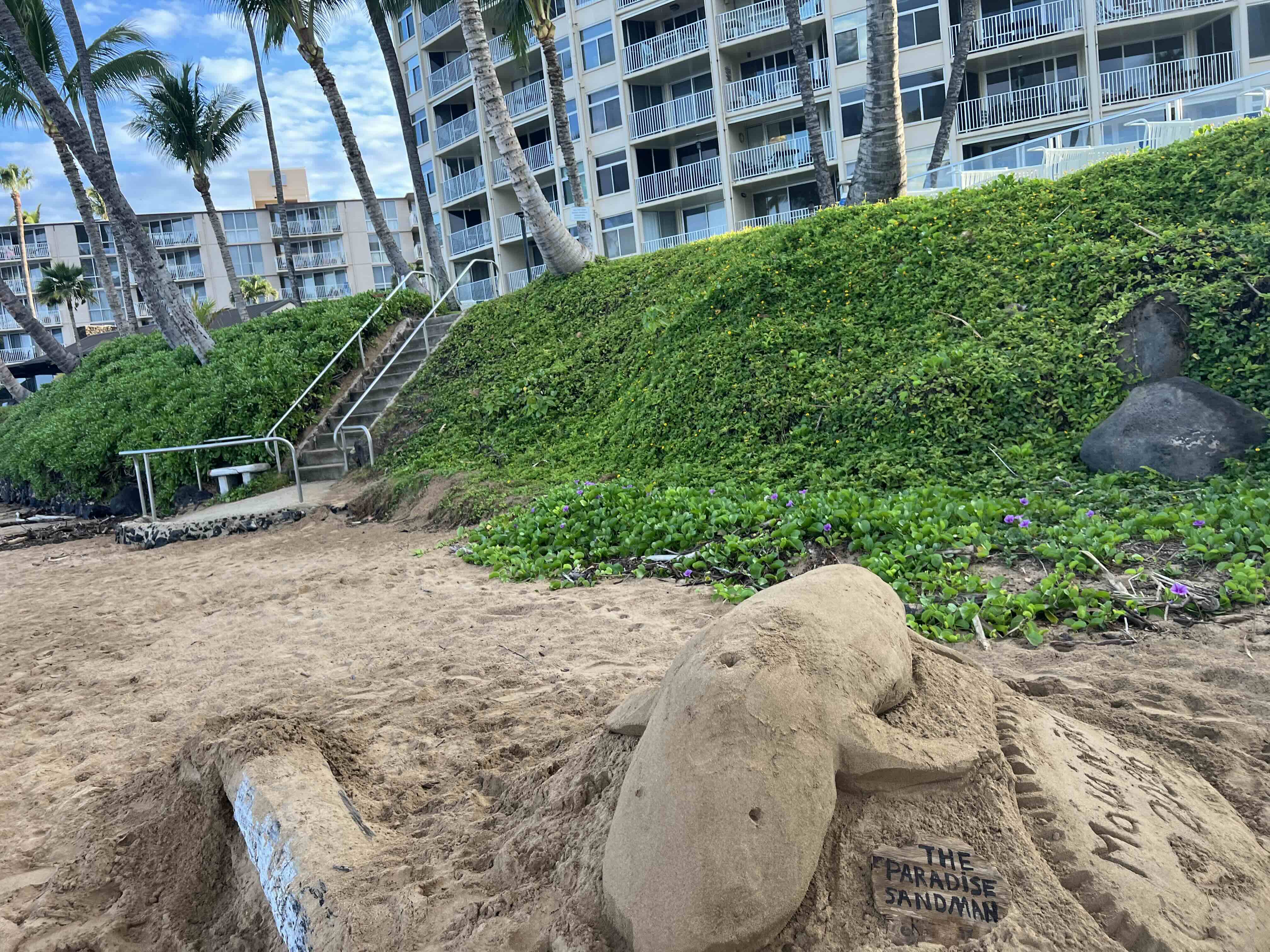Maui nō ka 'oi sand sculpture — front view
