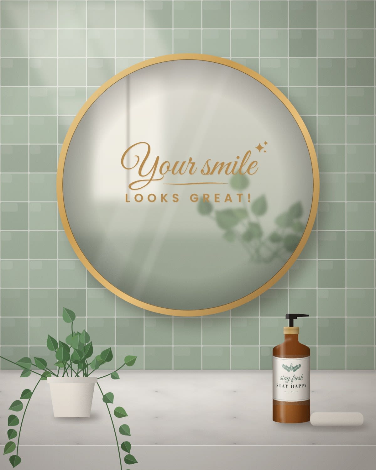 Mirror with the "Your smile looks great!" design