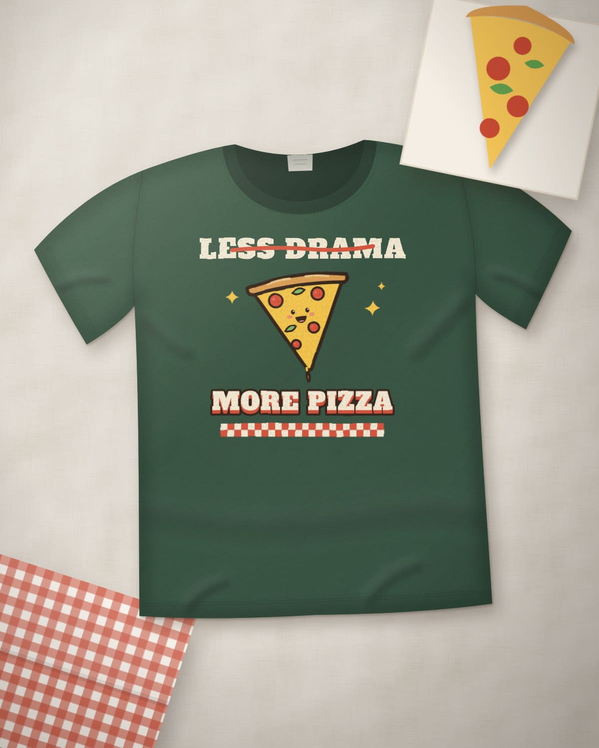 Funny T-Shirt with the "Less drama, more pizza." design