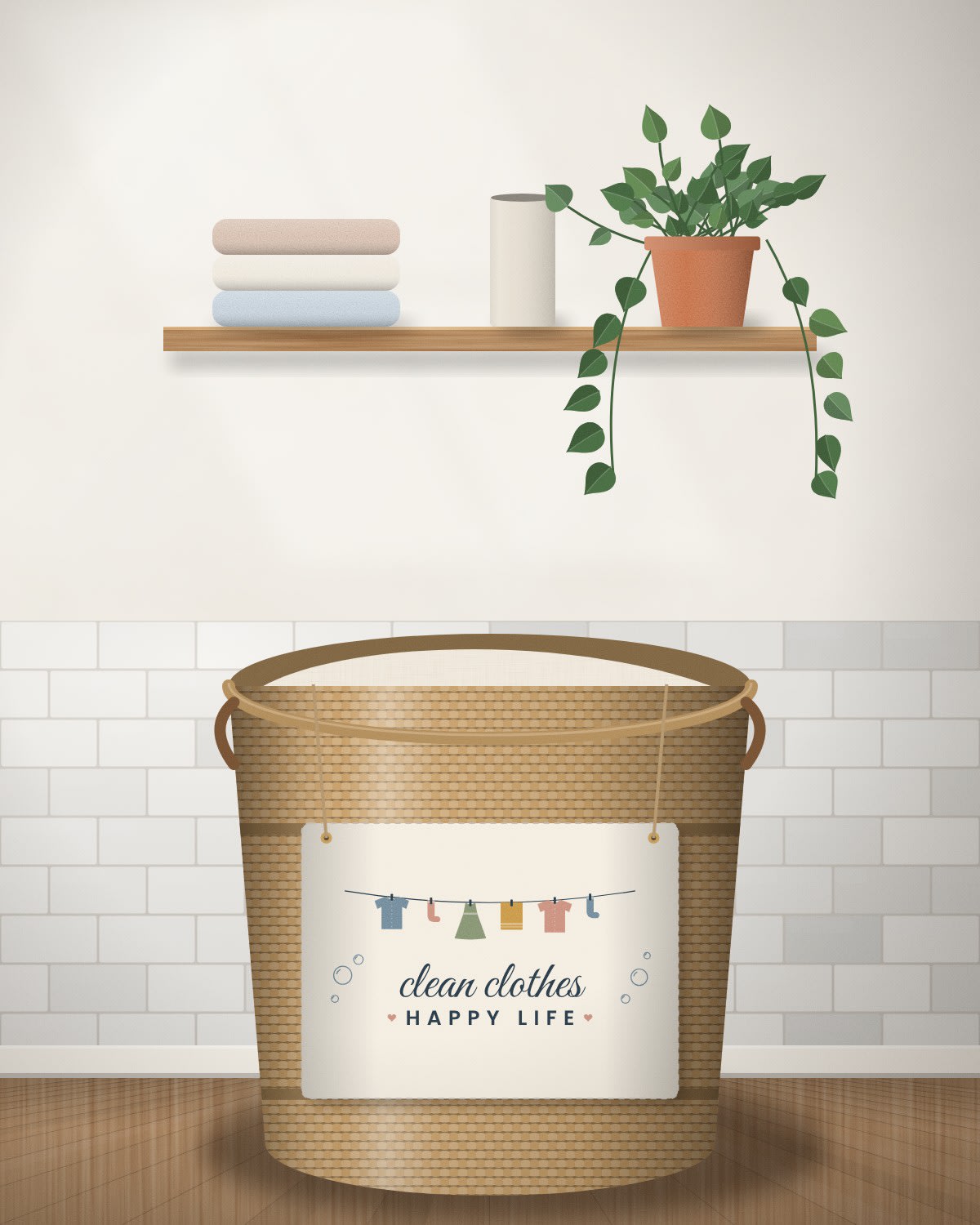 Laundry Basket with the "Clean clothes, happy life." design