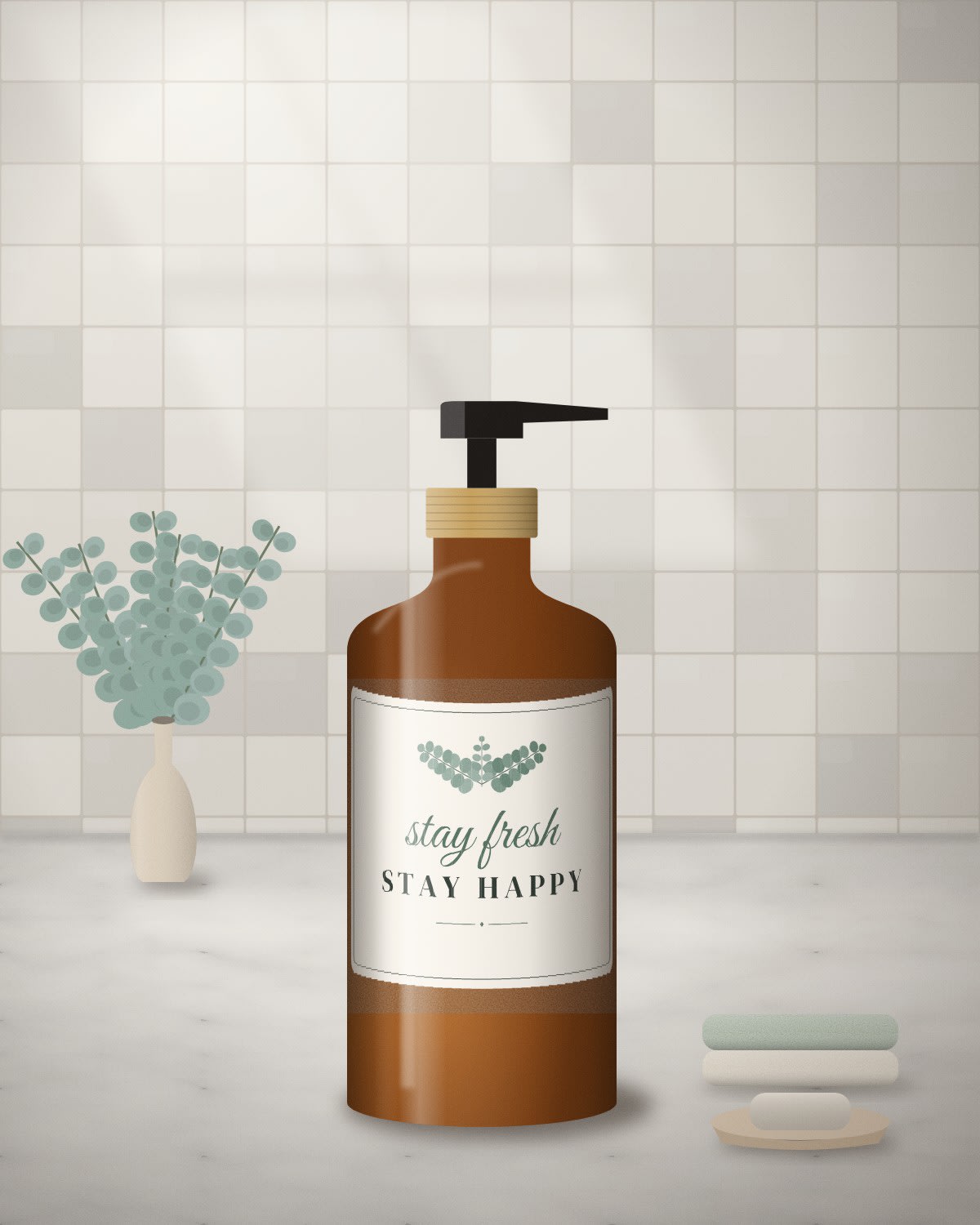 Bathroom Bottle with the "Stay fresh, stay happy." design