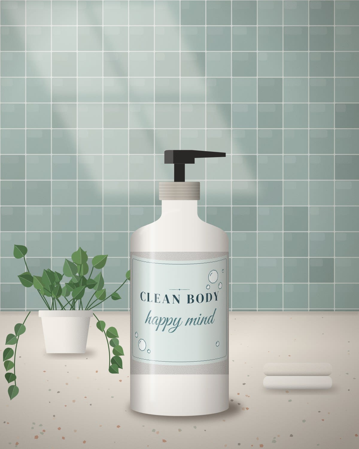 Bathroom Bottle with the "Clean body, happy mind." design