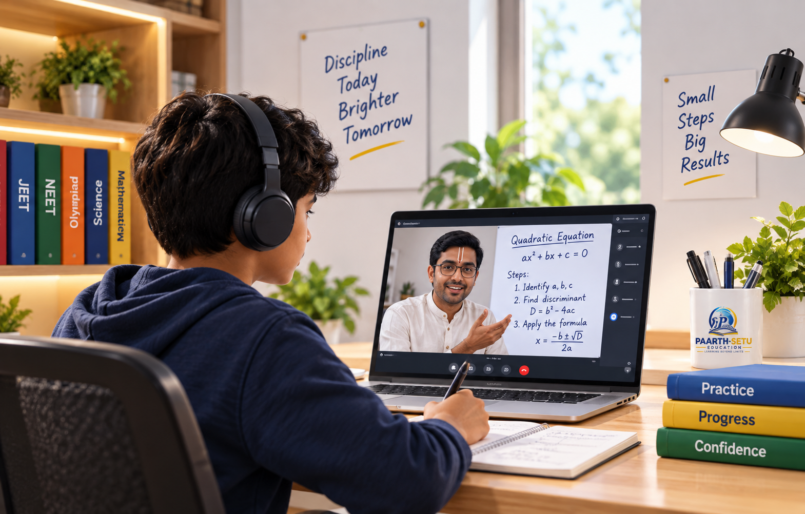 A student learning at home with a laptop and headphones