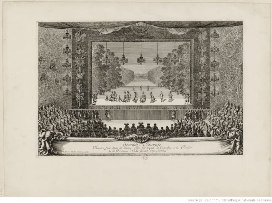 Israël Silvestre, Les Plaisirs de l’Isle enchantée. Seconde journée, La Princesse d’Élide (8 mai 1664). Planche hors texte tirée des Plaisirs de l’Isle enchantée […], Paris, Imprimerie royale, 1673