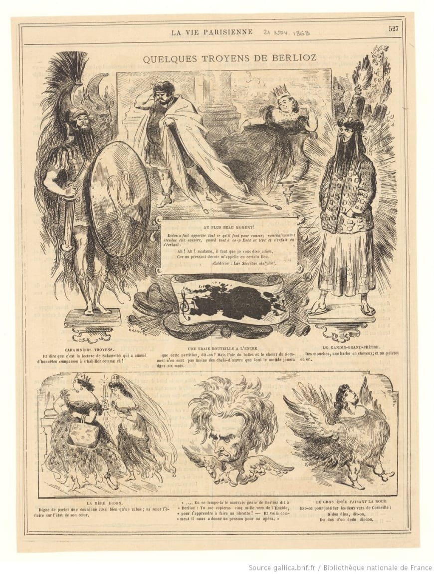 La vie parisienne : dessin humoristique de Firmin Gillot lors de la création des Troyens à Carthage au Théâtre Lyrique, 1863