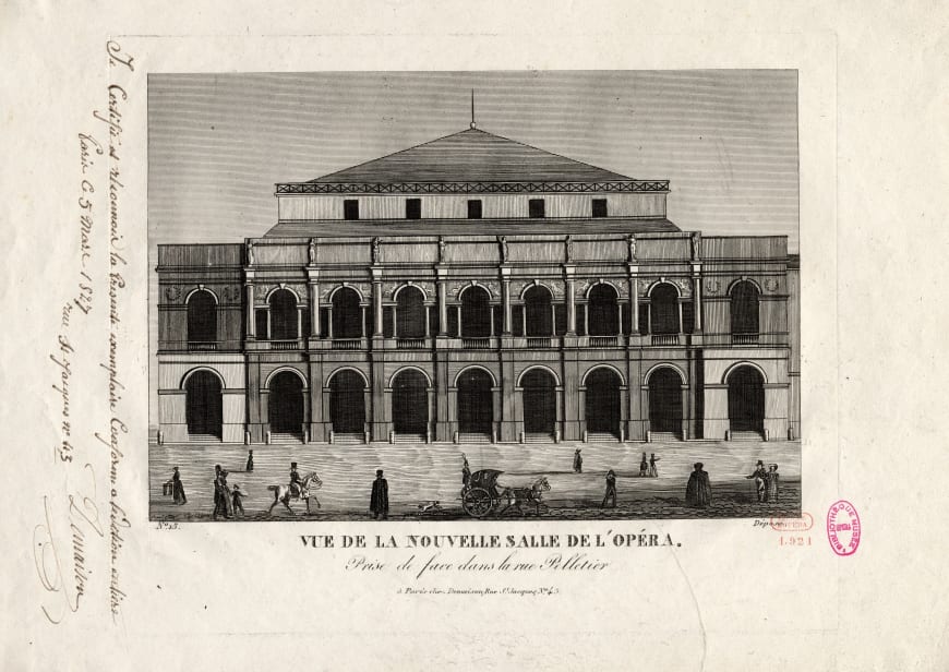 Vue de la façade principale de l’Opéra de la rue Le PeletierEstampe, 29,7 x 46,5 cm