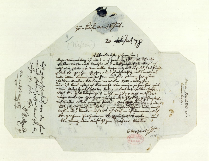 Lettre de W. A. Mozart à sa sœur sur l'enveloppe d'une lettre à son père datée 20 juillet 1778. Ms. Autographe