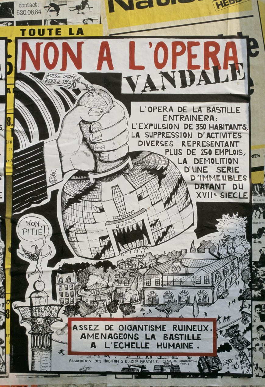 Affiche de protestation des habitants du quartier qui s’élèvent contre la construction de l’Opéra Bastille, 1984