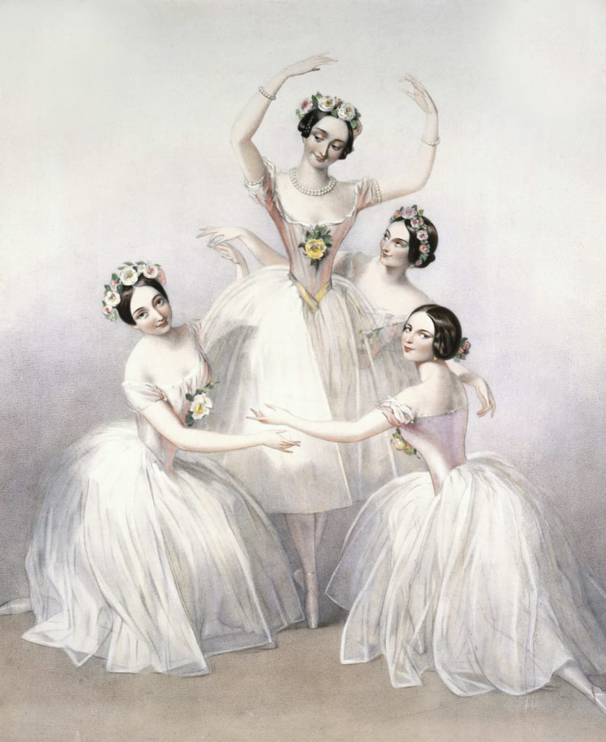 Marie Taglioni entourée des danseuses Carlotta Grisi, Lucile Grahn et Fanny Cerrito en 1846