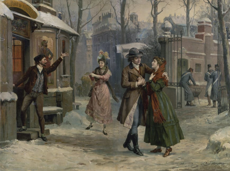 Rodolfo et Mimi, Marcello et Musetta dans la rue (acte III). Série d’illustrations pour La Bohème, Puccini, 1905