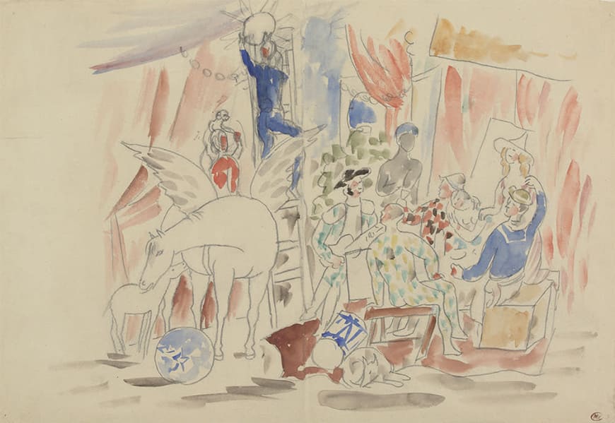 Pablo Picasso, Projet pour le rideau de scène du ballet Parade,[1916-1917]Crayon graphite et aquarelle sur papierMusée national Picasso-ParisDation Pablo Picasso, 1979