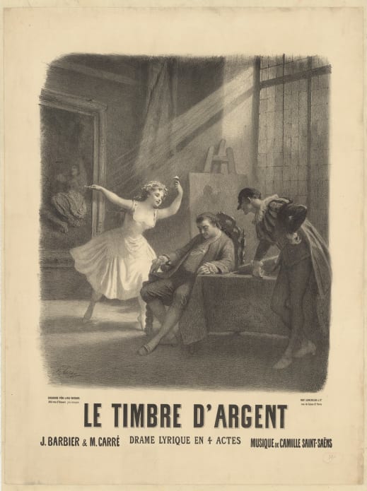 Affiche pour Le Timbre d’argent annonçant la représentation du 23 février 1877 au Théâtre-Lyrique (Gaîté) à Paris. Lithographie par Prudent Leray, tirage en noir, 60 x 80 cm. BnF, Bibliothèque-musée de l'Opéra, Affiches illustrées.
