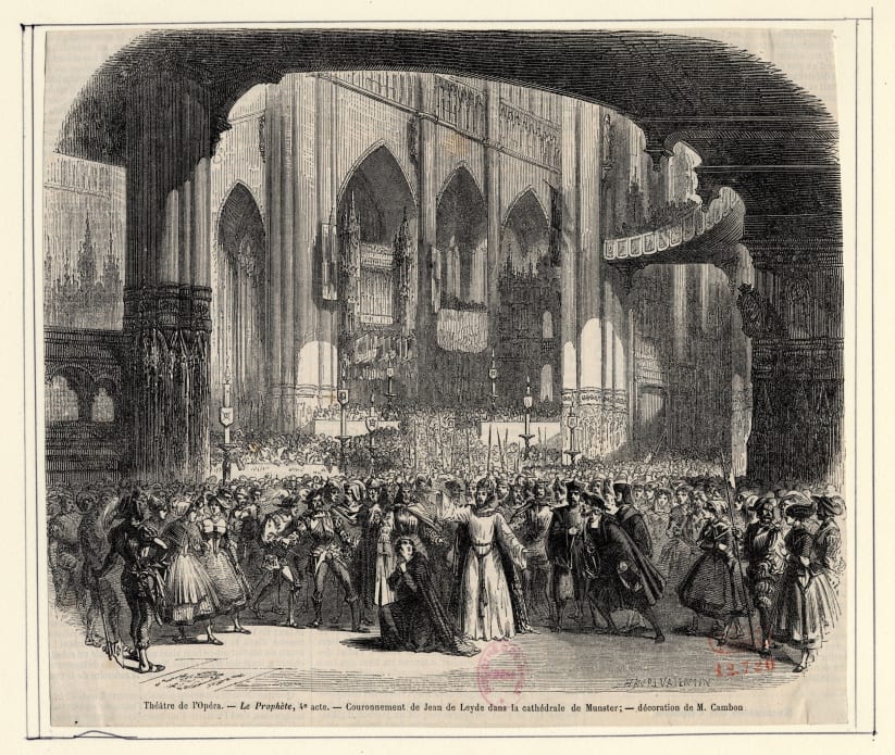 Henri Valentin - Scène du couronnement de Jean de Leyde dans la cathédrale de Munster dans l’acte IV du Prophète, opéra de Giacomo Meyerbeer, 1849. Estampe, 20 x 23 cm. BnF, département de la Musique, Bibliothèque-musée de l’Opéra.
