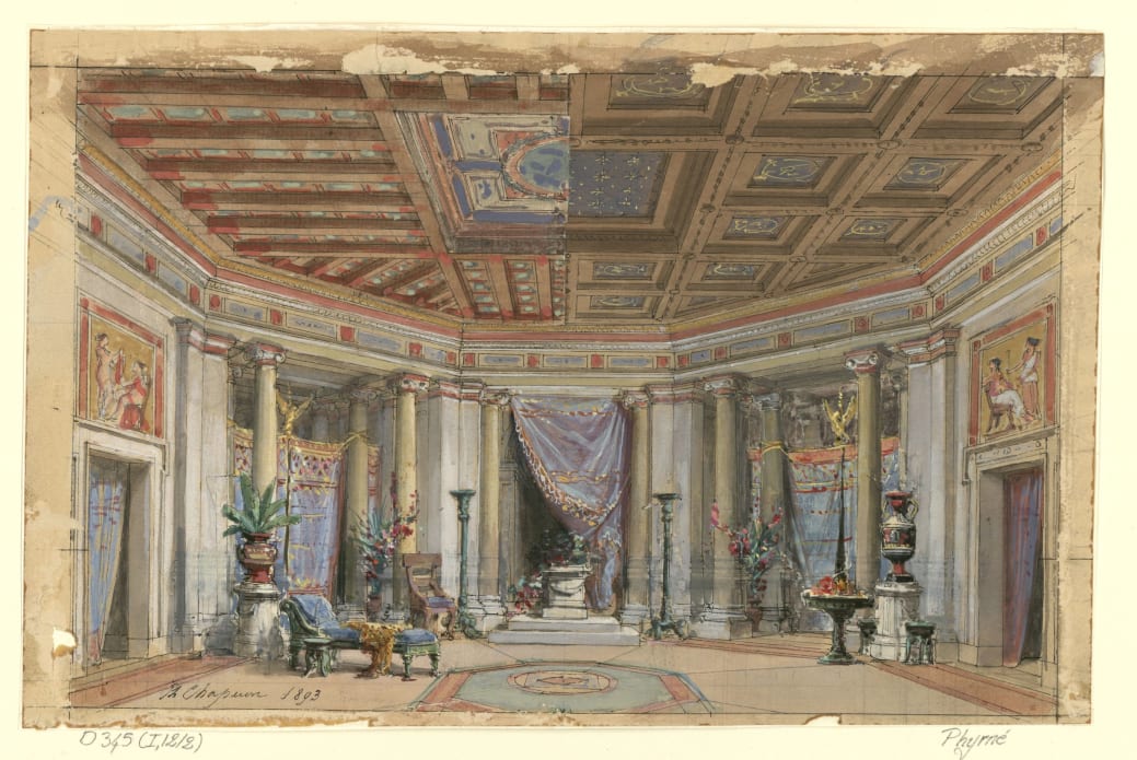 Phryné. Esquisse de décor pour l’acte II : « Intérieur grec ». Par Philippe Chaperon, 1893. Dessin à la plume, aquarelle, gouache et collage, 31,2 x 20,5 cm. BnF, Bibliothèque-musée de l'Opéra
