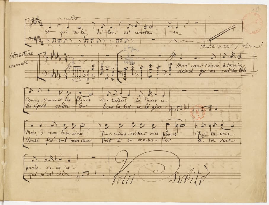 Camille Saint-Saëns, Samson et Dalila, acte II, air de Dalila, « Mon cœur s’ouvre à ta voix », 1877. Manuscrit autographe. BnF, département de la Musique
