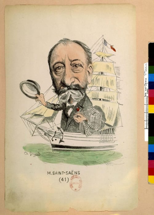 Camille Saint-Saëns partant en voyage. Caricature par Charles Giraud, [années 1890]. Lithographie mise en couleurs BnF, Bibliothèque-musée de l'Opéra, Ch. Giraud, album 2.
