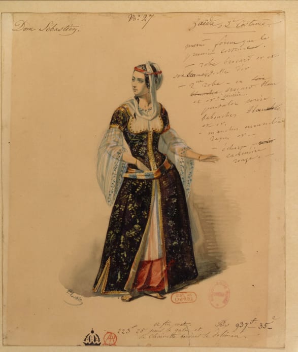 Paul Lormier - Esquisse de costume pour Zaïda dans Dom Sébastien, roi du Portugal de Gaetano Donizetti, 1843. Crayon, aquarelle, gouache, 23 x 19,5 cm. BnF, département de la Musique, Bibliothèque-musée de l’Opéra.
