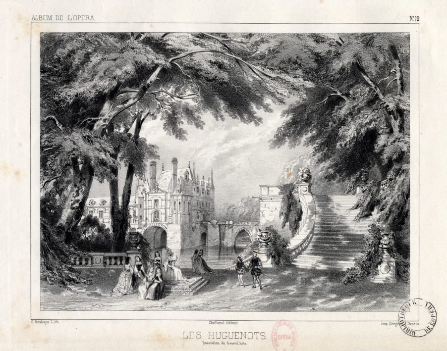 Célestin Deshaye (lithographe) - Décoration de l’acte II des Huguenots de Giacomo Meyerbeer : château et jardin de Chenonceau, 1836. Lithographie, 22,2 x 29,5 cm. BnF, département de la Musique, Bibliothèque-musée de l’Opéra.
