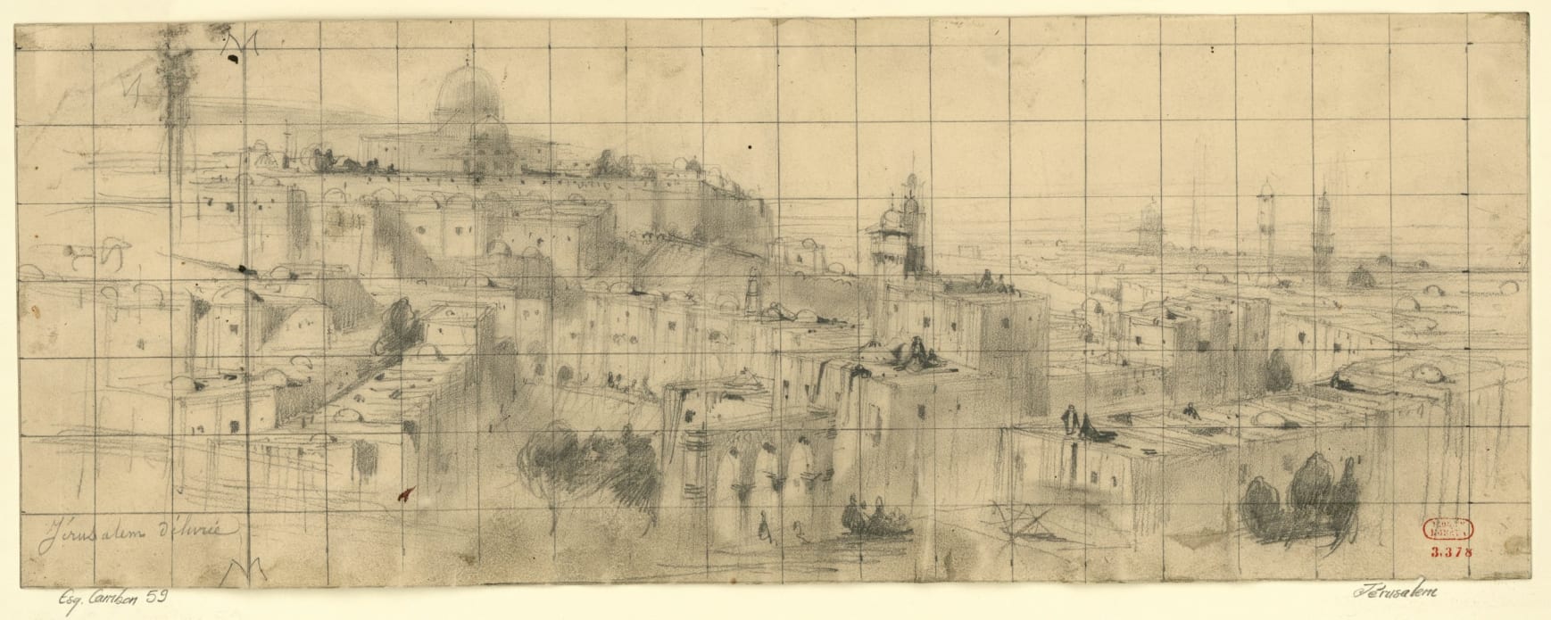 Charles-Antoine Cambon - Esquisse de décor pour Jérusalem de Giuseppe Verdi, acte IV, tableau 2, 1847. Mine de plomb, mise au carreau, 19,6 x 53 cm. BnF, département de la Musique, Bibliothèque-musée de l’Opéra.
