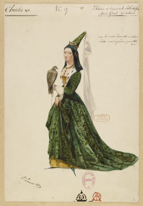 Paul Lormier - Esquisse de costume pour Isabeau de Bavière dans Charles VI de Fromental Halévy, 1842-1843. Crayon, aquarelle et gouache, 22 x 15 cm. BnF, département de la Musique, Bibliothèque-musée de l’Opéra.