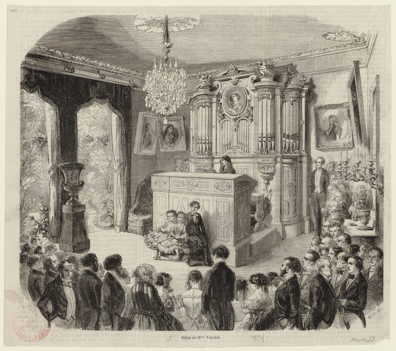 Le salon de Pauline Viardot
Défet de presse, lithographie de H. Val et W. Best, 1853
BnF, département de la Musique, Est.Viardot 

