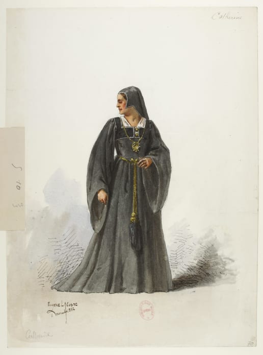 Henry VIII. Maquette de costume pour le rôle de Catherine d’Aragon
Par Eugène Lacoste, novembre 1882
Dessin à la plume et gouache, 31 x 40 cm
BnF, Bibliothèque-musée de l'Opéra
