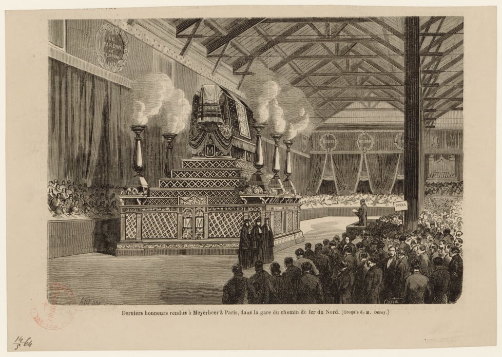 Édouard Coste, d’après Auguste-Victor Deroy. Derniers honneurs rendus à Meyerbeer à Paris, dans la gare du chemin de fer du Nord, vers 1864. Gravure sur bois, 15,5 x 22,5 cm. BnF, département de la Musique.
