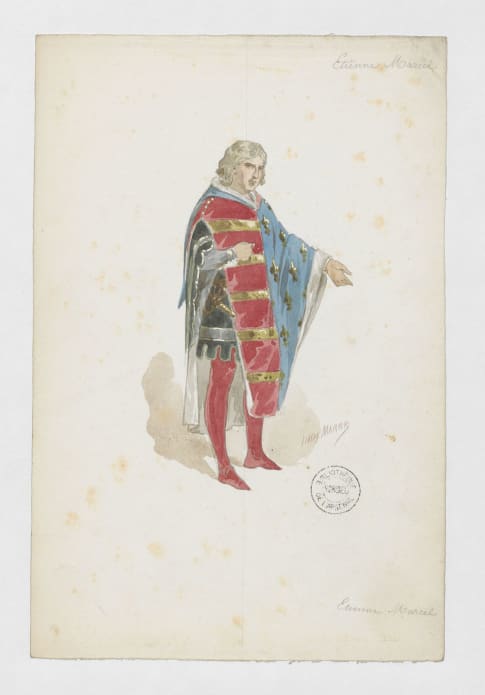 Maquette de costume pour le rôle d’Étienne Marcel dans Étienne Marcel. Projet pour les représentations du Théâtre du Château d’eau, octobre 1884 par Jules Marre. Aquarelle, 15,6 x 23,8 cm. BnF, département des Arts du spectacle, 