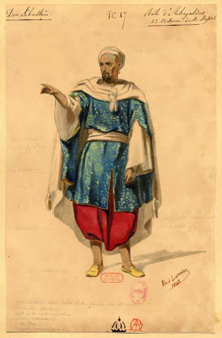Paul Lormier - Esquisse de costume pour Abayaldos dans Dom Sébastien, roi du Portugal de Gaetano Donizetti, 1843. Crayon, aquarelle, gouache, 25,5 x 16,5 cm. BnF, département de la Musique, Bibliothèque-musée de l’Opéra.
