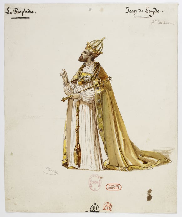 Paul Lormier - Esquisse de costume pour Jean de Leyde lors du couronnement dans Le Prophète de Giacomo Meyerbeer, 1849. Crayon, plume, aquarelle, 24 x 20 cm. BnF, département de la Musique, Bibliothèque-musée de l’Opéra.
