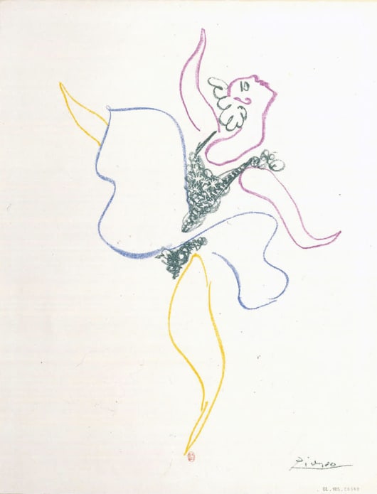 Pablo Picasso, Danseuse ayant servi de frontispice
pour le livre de Boris Kochno, Le Ballet, mars 1954
lithographie en couleur
BnF, Estampes et photographie