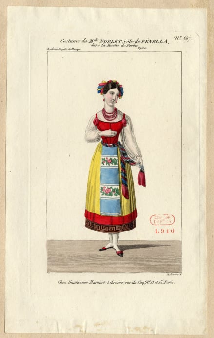Louis Maleuvre - Costume de Mademoiselle Noblet, rôle de Fenella dans La Muette de Portici de Daniel-François-Esprit Auber, 1828. Eau-forte en couleurs. BnF, département de la Musique, Bibliothèque-musée de l’Opéra.