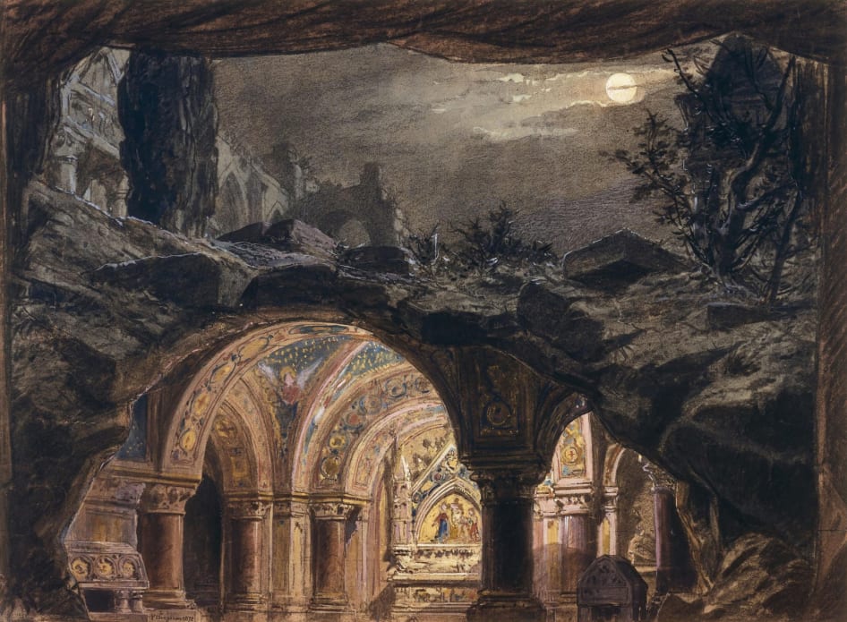 Philippe Chaperon, Romeo and Juliet: set design sketch for Act V: Underground Crypt, 1872