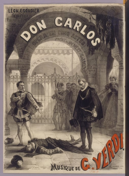 Henry Emy dit Télory, d’après le dessin d’A. de Neuville. Affiche de Don Carlos, opéra en cinq actes de Giuseppe Verdi, 1867. Lithographie, 74 x 53 cm. BnF, département de la Musique, Bibliothèque-musée de l’Opéra.
