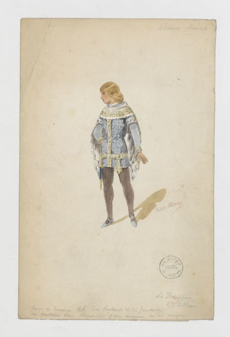 Maquette de costume pour le rôle du Dauphin dans Étienne Marcel. Projet pour les représentations du Théâtre du Château d’eau, octobre 1884. Par Jules Marre. Aquarelle, 15,6 x 24,2 cm. BnF, département des Arts du spectacle