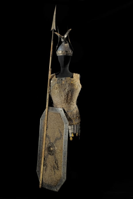 Weapons (shield, spear, helmet and cotte) worn by Lucienne Bréval for the role of Brünnhilde in ‘Die Walküre’ by Richard Wagner, directed by Alexandre Lapissida