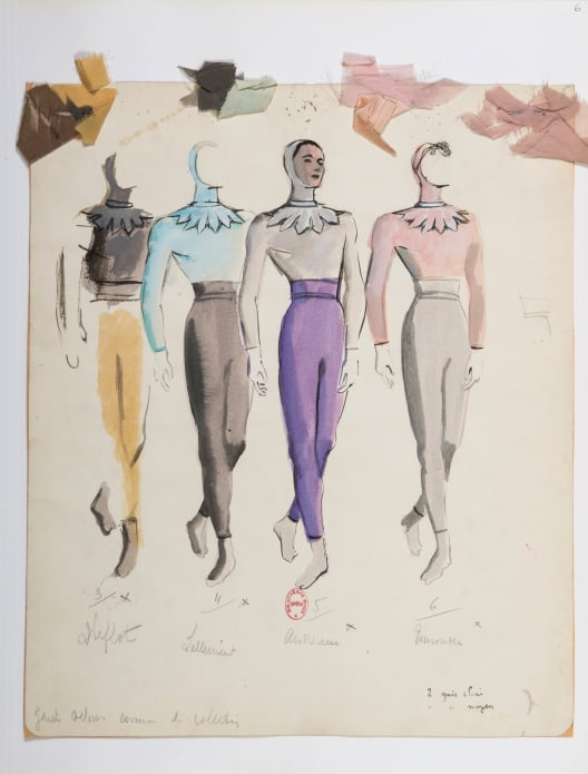 Maquette de costume pour Sérénade de George Balanchine par André Delfau
1947
Crayon, gouache et échantillons de tissus
