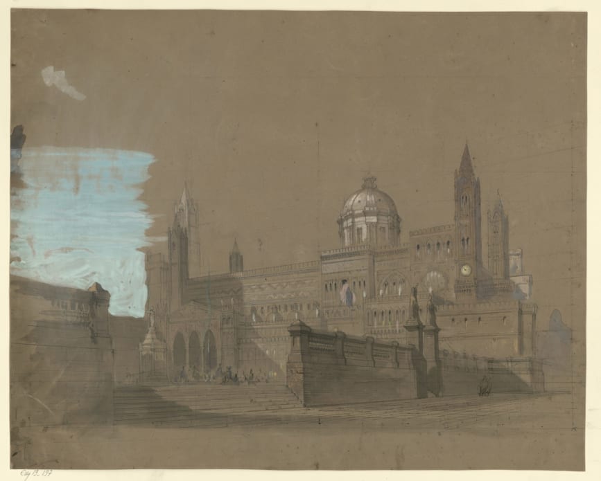 Esquisse de décor pour Les Vêpres siciliennes [?] de Giuseppe Verdi : la cathédrale de Palerme, s.d. Crayon et gouache avec mesures, 42,6 x 53,5 cm. BnF, département de la Musique, Bibliothèque-musée de l’Opéra.
