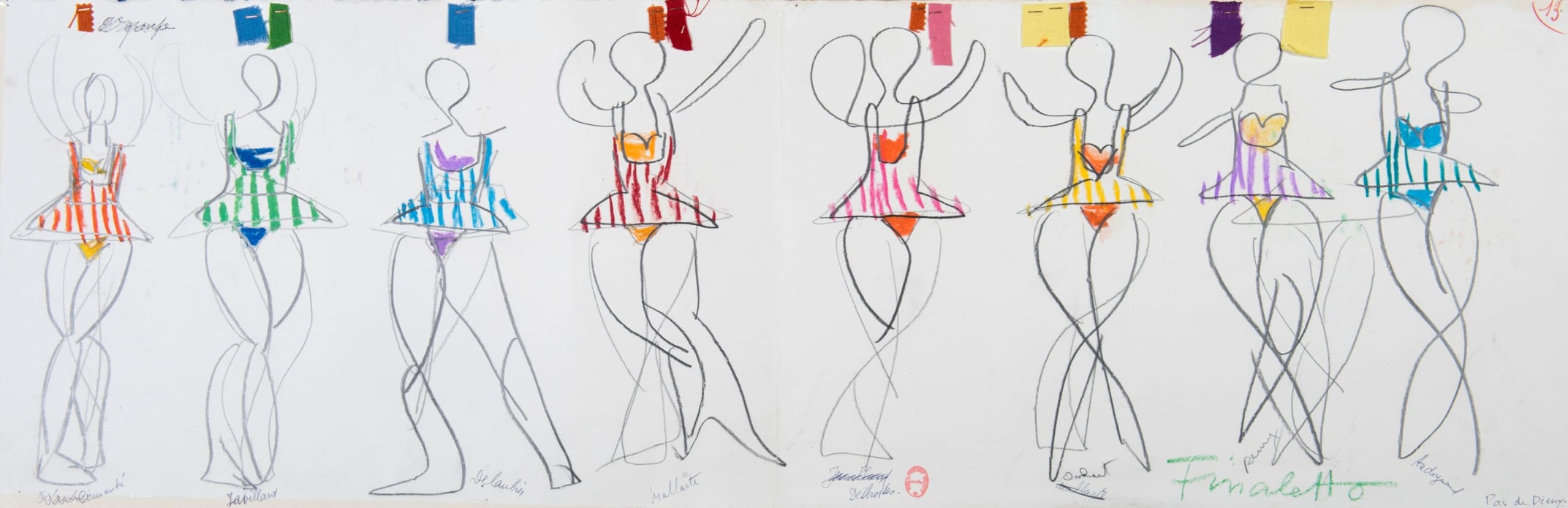 Maquette de costumes pour Pas de dieux de Gene Kelly par André François, 1960
Gouache, crayon, pastel et échantillons de tissus