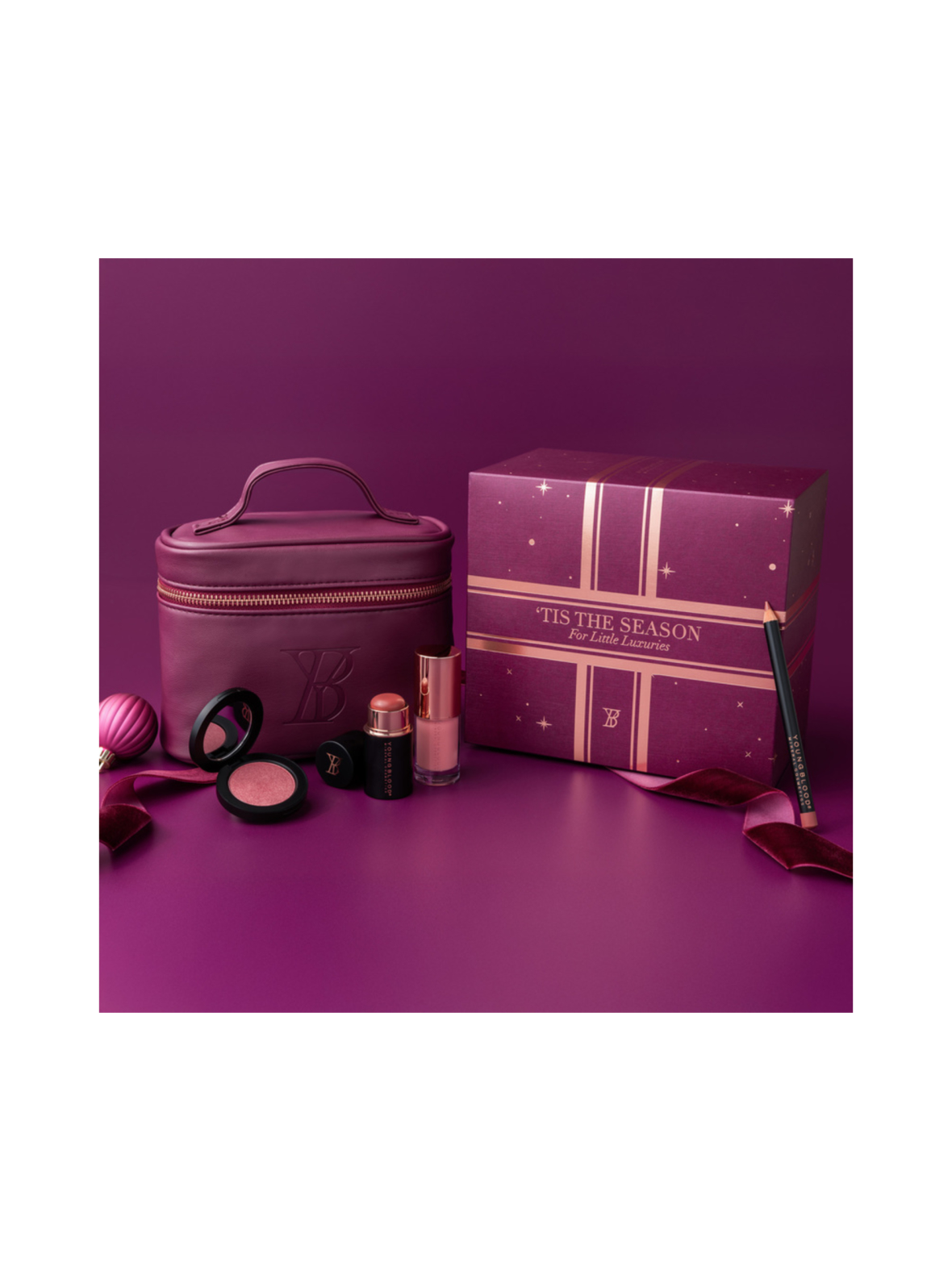 Tis the season for little luxuries mauve -lahjapakkaus 4 tuotetta + meikkilaukku