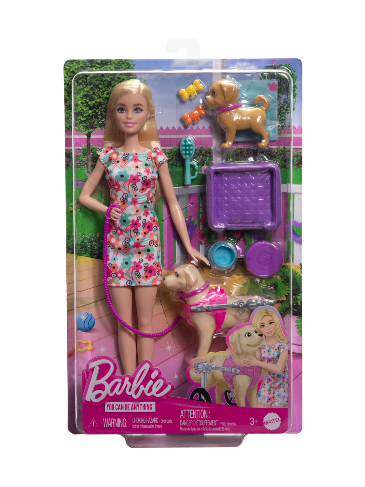 BARBIE-nukke apupyörällisellä koiralla