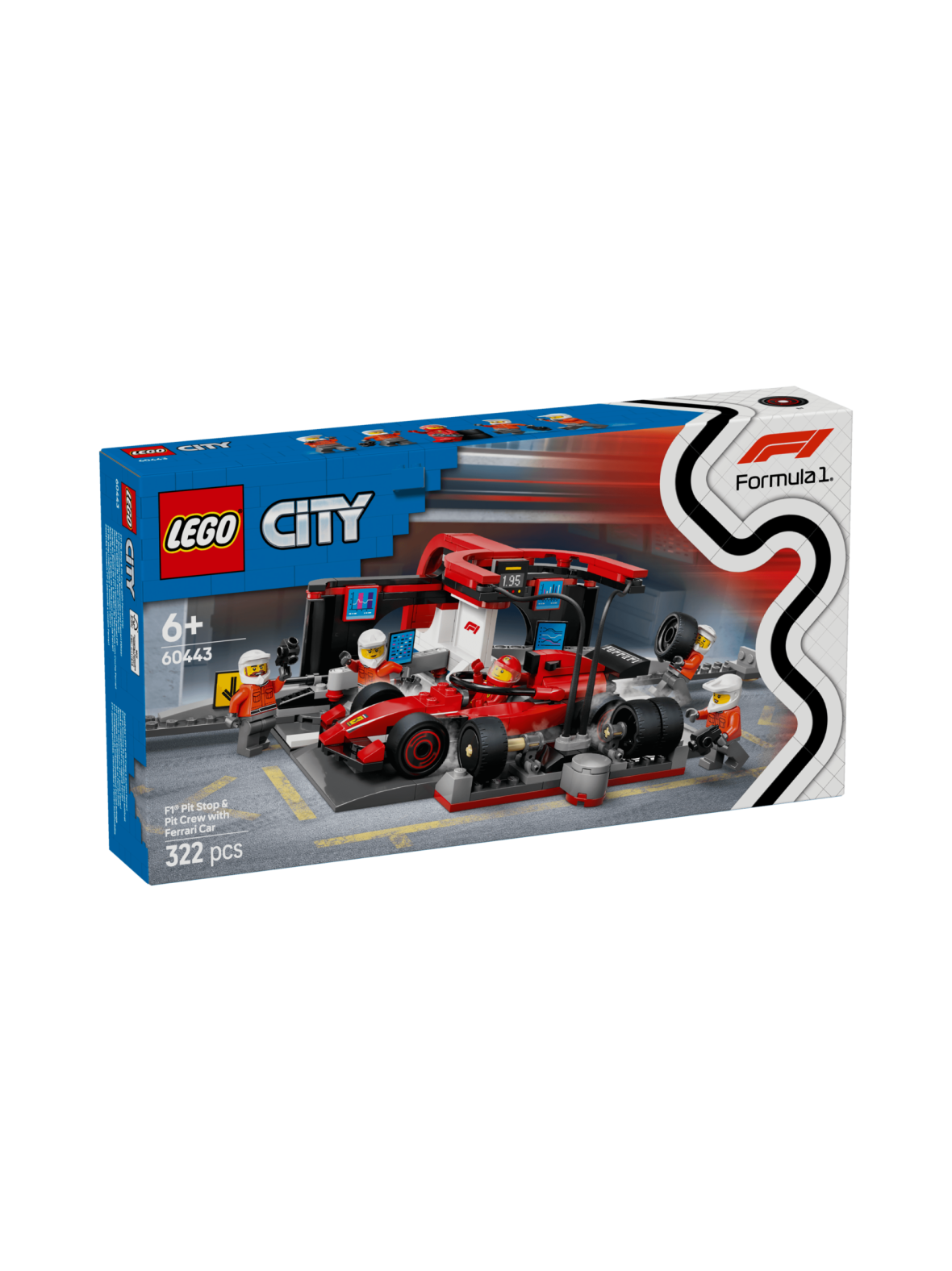 LEGO City F1®-varikkopysähdys ja varikkomiehistö sekä Ferrari-auto 60443