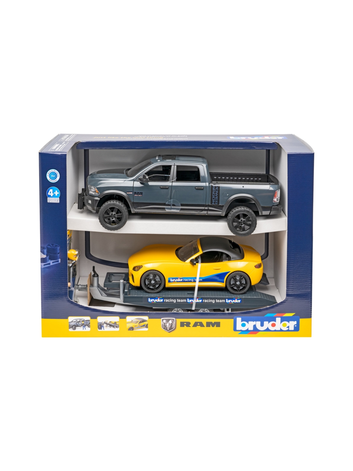 BRUDER Dodge RAM Power Wagon -avolava, kilpa-auto ja kuljetustraileri, 1:16