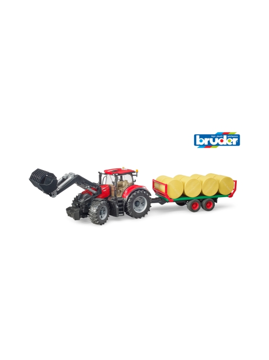 BRUDER Case IH Optum 300CVX -traktori etukuormaajalla, perävaunu ja 8 heinäpaalia, 1:16